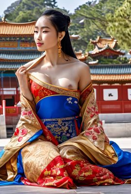 매달린 금 귀걸이, 질과 가슴을 보여주는 아름다운 중국 공주 사진